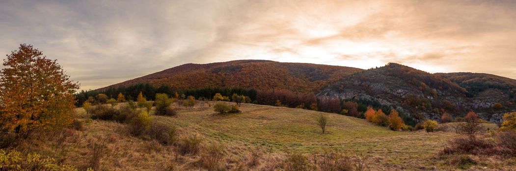 Panorama of Bulgaria mountains. Beautiful countryside landscape in autumn.