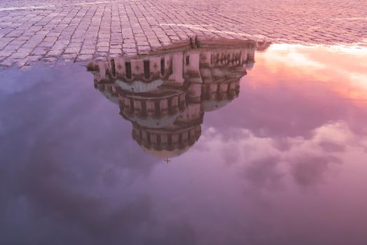 Reflection in water on Alexander Nevsky Cathedral in Sofia, Bulgaria