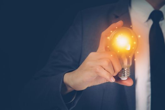 Businessman holding light bulb, imagination and intelligence, innovation and inspiration, brain symbol and solution and knowledge, creative idea and success, business and marketing concept.