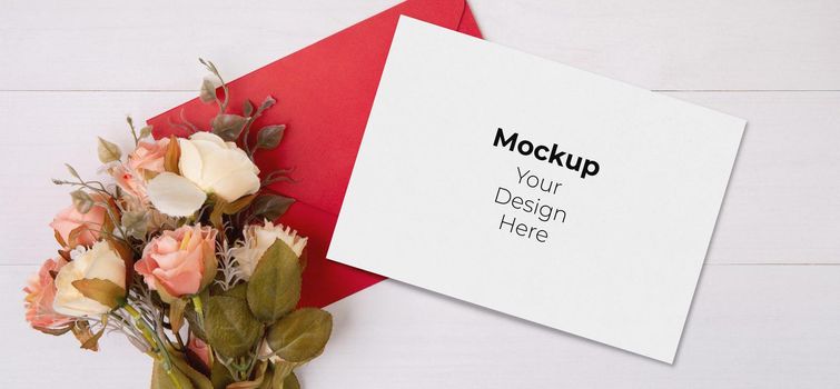 Valentine day, greeting card mockup and letter and flower on wooden table, postcard blank and with romance on desk, present in anniversary and celebration, top view, holiday concept.