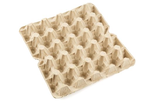 empty formed cardboard egg tray - closeup with edge-to-edge sharpness, isolated on white background in diagonal orientation