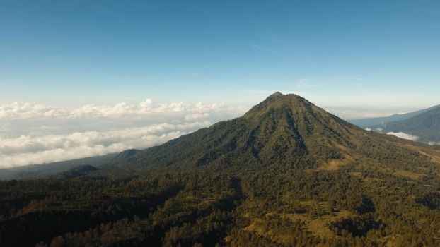 Mountain landscape, clouds, relief. Aerial view of Green tropical mountain cover with cloud Banyuwangi Regency of East Java, Indonesia.