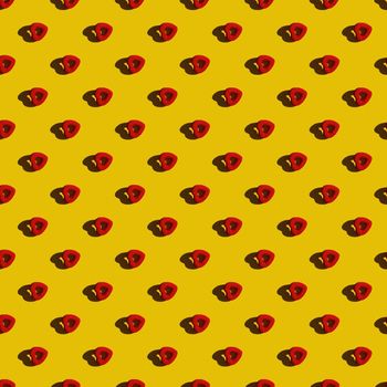 Template. Red heart in a row diagonally on a yellow background. Top view, flat lay, layout. Romantic colorful pattern.