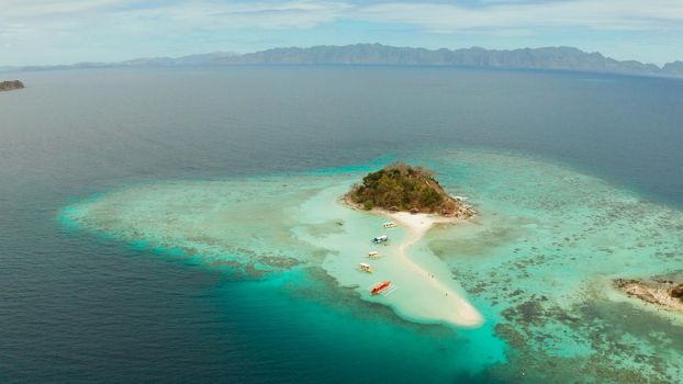 aerial seascape tropical island and sand beach, turquoise water and coral reef. malacory island, Philippines, Palawan. tourist boats on coast tropical island.