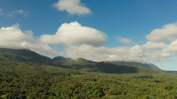 Mountains covered rainforest, trees and blue sky with clouds, aerial view. Camiguin, Philippines. Mountain landscape on tropical island with mountain peaks covered with forest. Slopes of mountains with evergreen vegetation.