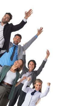 Successful excited business people group team, young businesspeople standing together smile hold fist ok yes gesture with raised hands arms, studio isolated over white background