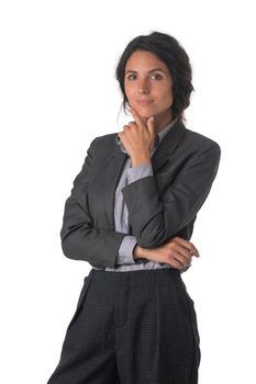 Portrait of young business woman thinking holding chin studio isolated on white background