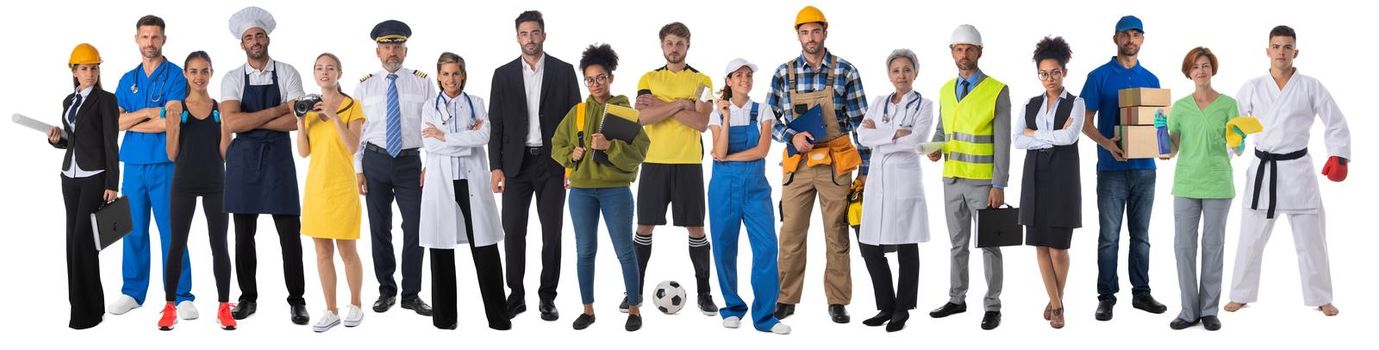 Full length portrait of group of people representing diverse professions of business, medicine, construction industry