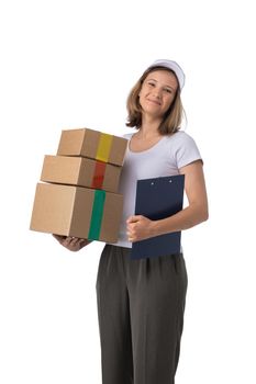 Portrait of happy smiling delivery woman with stack of boxes isolated on white background