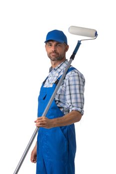Portrait of male house painter with paint roller isolated on white background