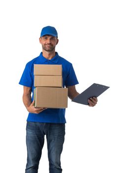 Handsome delivery man with stack of boxes isolated on white background