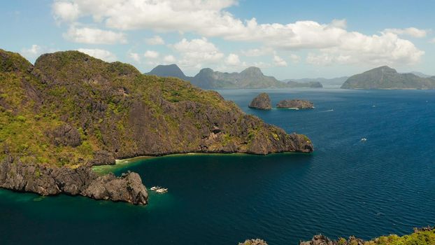 aerial view Seascape with tropical islands, blue water. islands and mountains covered with tropical forest. El nido, Philippines, Palawan. Summer and travel vacation concept