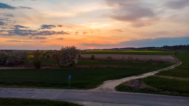 Aerial drone look to green and yellow fields at sunset