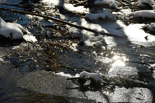 little creek in winter with ice in backlit