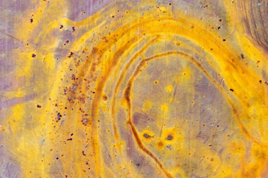 Rust, steel, background. Peeling off old paint Blue yellow white