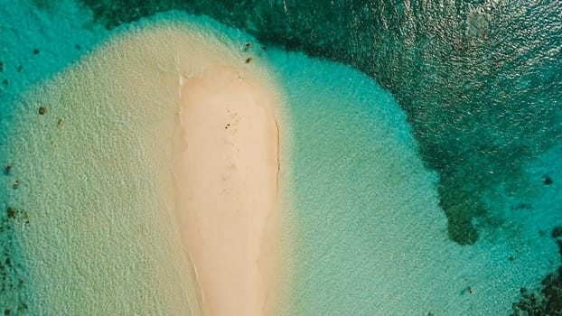 Aerial view of tropical beach on the Bulog Dos Island, Philippines. Beautiful tropical island with sand beach, palm trees. Tropical landscape: beach with palm trees. Seascape: Ocean, sky, sea. Travel concept.