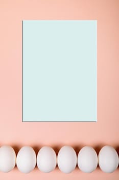 Easter eggs white on a pink background with place for text. Various compositions in a row, top, side, bottom.