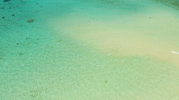 Tropical sandy beach with wave and turquoise water,copy space for text, aerial view. Ocean with waves and tropical beach. Summer and travel vacation concept