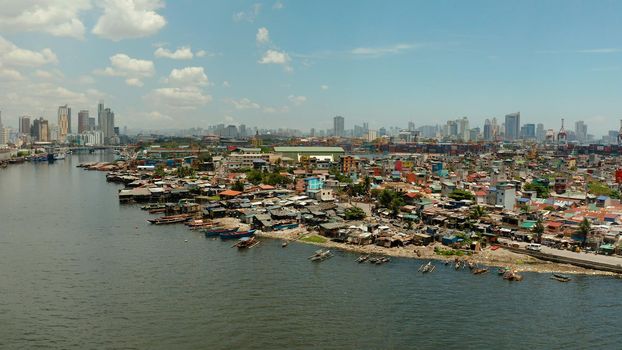 Aerial view of Panorama of Manila city. Skyscrapers and business centers in a big city. Travel vacation concept