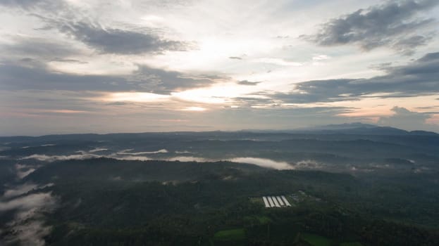 Aerial view of forest, mountains with fog, clouds at sunset on Bali,Indonesia. Tropical rainforest, trees, jungle in mountains. Fog over the jungle. Travel concept.