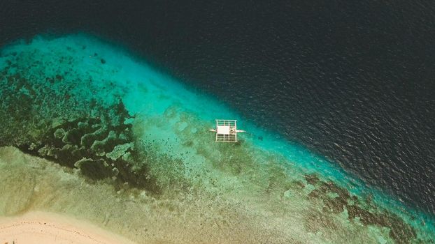 Aerial view of tropical beach on the island pamilacan, Philippines. Beautiful tropical island with sand beach, palm trees. Tropical landscape: beach with palm trees. Seascape: Ocean, sky, sea. Travel concept.