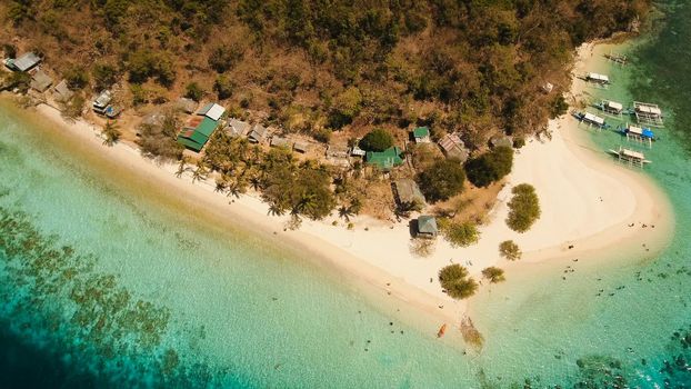 Aerial view of tropical beach on the island Banana, Philippines. Beautiful tropical island with sand beach, palm trees. Tropical landscape: beach with palm trees. Seascape: Ocean, sky, sea. Travel concept.