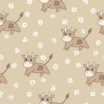 Vector flat animals colorful illustration for kids. Seamless pattern with cute bull and flowers on beige background. Cartoon adorable character. Design for textures, card, poster, fabric, textile.