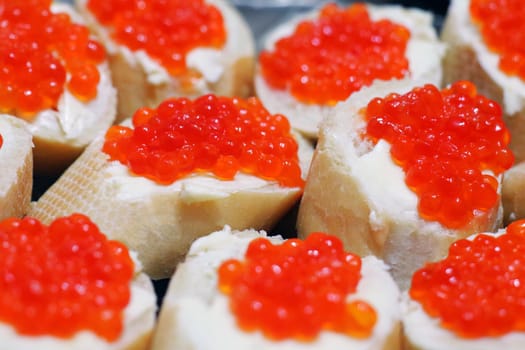 sandwiches with butter and red caviar for the entire frame as a macro background