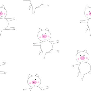 Outline vector animals seamless pattern. The piglet does exercises, goes in for sports. Cute pig on white background. Cartoon adorable character. Design for textures, card, poster, fabric, textile.