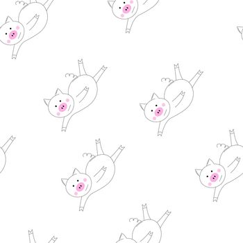 Outline vector animals seamless pattern. The piglet does exercises, goes in for sports. Cute pig on white background. Cartoon adorable character. Design for textures, card, poster, fabric, textile.