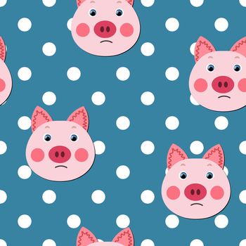 Vector flat animals colorful illustration for kids. Seamless pattern with cute pig face on blue polka dots background. Adorable cartoon character. Design for textures, card, poster, fabric, textile.