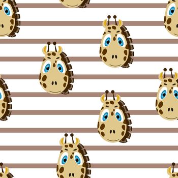 Vector flat animals colorful illustration for kids. Seamless pattern with cute giraffe face on white striped background. Adorable cartoon character. Design for card, poster, fabric, textile.