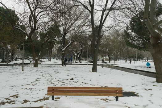 People in warm clothes and covid-19 masks at a park area with snow falling.