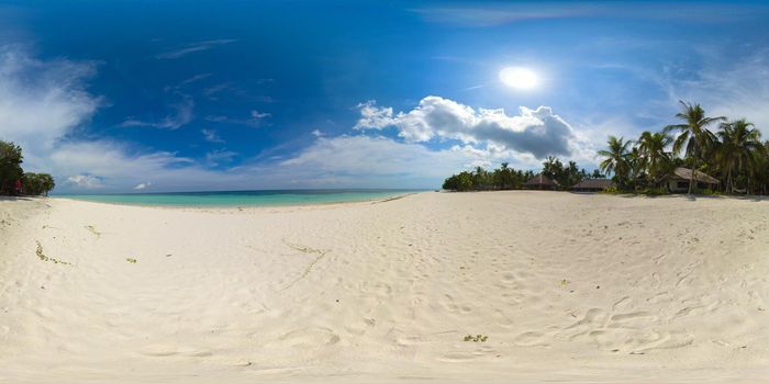 Beautiful tropical beach with white sand, palm trees, turquoise ocean. Panglao island, Bohol, Philippines. 360 panorama VR.