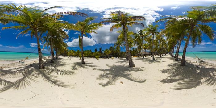 Sandy beach with hammock and azure water. Panglao island, Bohol, Philippines. 360 panorama VR.