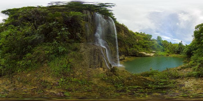 Kilab Kilab Falls in the tropical jungle, Bohol, Philippines. Waterfall in the tropical forest. 360 panorama VR. 8k video.