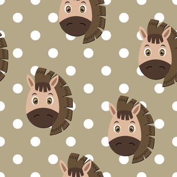 Vector flat animals colorful illustration for kids. Seamless pattern with cute horse face on beige polka dots background. Adorable cartoon character. Design for textures, card, poster, fabric,textile.