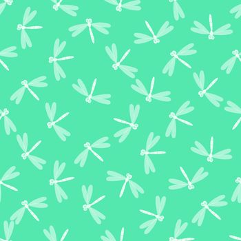 Seamless pattern with dragonfly on color background. Romantic vector illustration. Adorable cartoon character. Template design for invitation, cards, textile, fabric. Doodle style