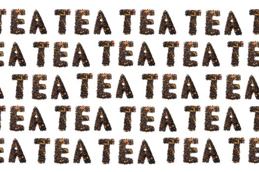 colorful pattern of words from tea on a black background top view. High quality photo