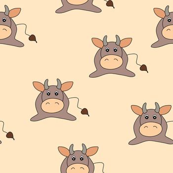 Vector flat animals colorful illustration for kids. Seamless pattern with cute bull on beige background. Cartoon adorable character. Design for textures, card, poster, fabric, textile. Cute cow.