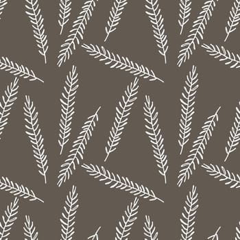 Floral seamless pattern with branches on brown background. Ornament with tropic leaves. Vector illustration for fabric, textile, wallpaper, posters, paper. Fashion print. Doodle style.