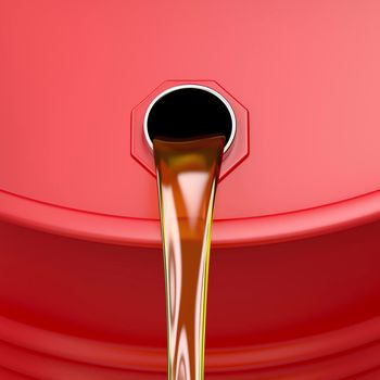 Pouring motor oil from the red barrel