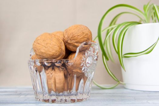 Walnuts on a painted background. Crystal bowl with nuts. Useful products. Walnuts.