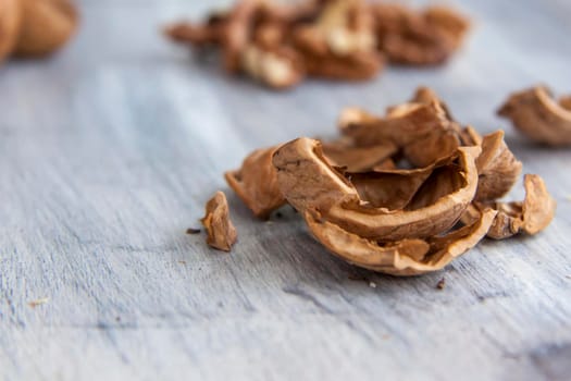 Walnut shell on a painted background. Walnuts.