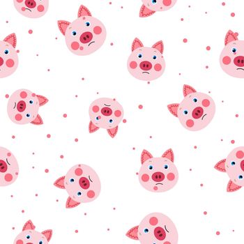 Vector flat animals colorful illustration for kids. Seamless pattern with cute pink pig face on white polka dots background. Adorable cartoon character. Design for textures, card, poster, fabric, textile.