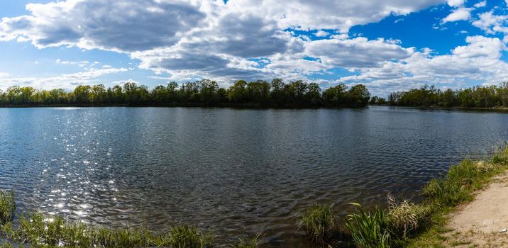 Panoramic view of big Bajkal lake with small peninsula on it