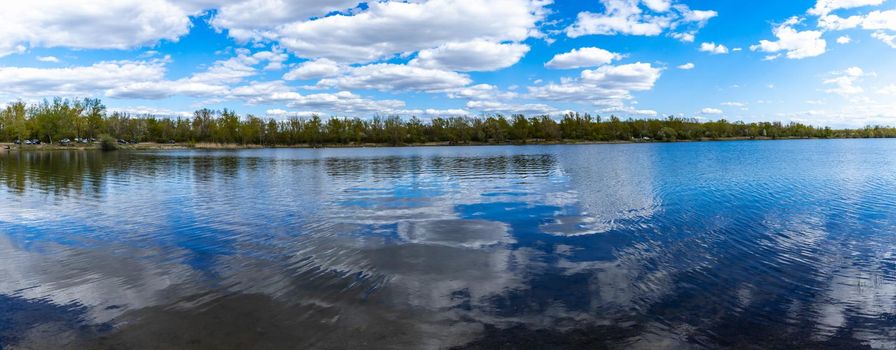 Panoramic view of big Bajkal lake with small peninsula on it