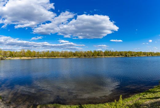 Panoramic view of big Bajkal lake with small peninsula on it