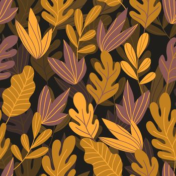 Floral seamless pattern with colorful exotic leaves on dark background. Tropic branches. Fashion vector stock illustration for wallpaper, posters, card, fabric, textile.