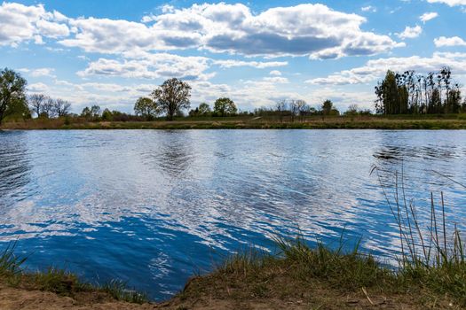 Landscape of Odra river with grass and bushes in front of at cloudy sunny day